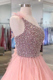 Pink Organza Beaded Long Formal Dress, A-Line One Shoulder Evening Dress HZ0429