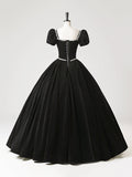 Black Velvet Long A-Line Prom Dress, Elegant Short Sleeve Formal Evening Dress HZ0429