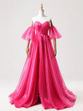 Hot Pink Tulle Long Prom Dress, A-Line Strapless Evening Party Dress with Slit HZ0429