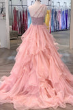 Pink Organza Beaded Long Formal Dress, A-Line One Shoulder Evening Dress HZ0429