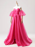 Hot Pink Tulle Long Prom Dress, A-Line Strapless Evening Party Dress with Slit HZ0429