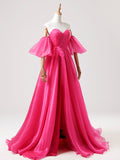 Hot Pink Tulle Long Prom Dress, A-Line Strapless Evening Party Dress with Slit HZ0429