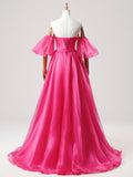 Hot Pink Tulle Long Prom Dress, A-Line Strapless Evening Party Dress with Slit HZ0429