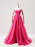 Hot Pink Tulle Long Prom Dress, A-Line Strapless Evening Party Dress with Slit HZ0429