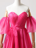 Hot Pink Tulle Long Prom Dress, A-Line Strapless Evening Party Dress with Slit HZ0429