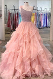 Pink Organza Beaded Long Formal Dress, A-Line One Shoulder Evening Dress HZ0429