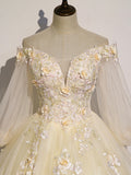 Champagne Tulle Lace Long Prom Dress, A-Line Off the Shoulder Long Sleeve Evening Dress HZ0429