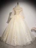 Champagne Tulle Lace Long Prom Dress, A-Line Off the Shoulder Long Sleeve Evening Dress HZ0429