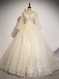 Champagne Tulle Lace Long Prom Dress, A-Line Off the Shoulder Long Sleeve Evening Dress HZ0429