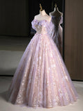 Purple A-Line Off the Shoulder Sequins Prom Dress, Lovely Tulle Corset Floor Length Evening Dress HZ0429