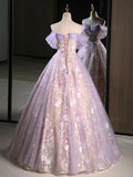 Purple A-Line Off the Shoulder Sequins Prom Dress, Lovely Tulle Corset Floor Length Evening Dress HZ0429