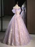 Purple A-Line Off the Shoulder Sequins Prom Dress, Lovely Tulle Corset Floor Length Evening Dress HZ0429
