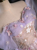 Purple A-Line Off the Shoulder Sequins Prom Dress, Lovely Tulle Corset Floor Length Evening Dress HZ0429