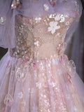 Purple A-Line Off the Shoulder Sequins Prom Dress, Lovely Tulle Corset Floor Length Evening Dress HZ0429