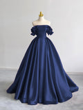Red/Navy Satin Floor Length Prom Dress, Red/Navy Off the Shoulder Evening Party Dress HZ0429