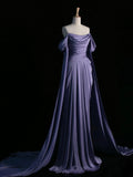 Elegant Satin Long Prom Dress, Purple Draped Bodice Formal Party Dress HZ0429