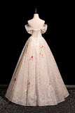 Champagne Lace Sequins Long Prom Dress, Lovely Off the Shoulder Party Dress HZ0429