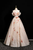 Champagne Lace Sequins Long Prom Dress, Lovely Off the Shoulder Party Dress HZ0429