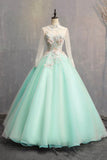 Green Tulle Lace Long Prom Dress, Elegant High Neck Long Sleeve Formal Dress HZ0429