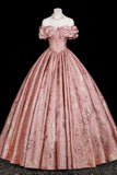 Pink Floral Jacquard Corset Gown, Sweetheart Neck Puffy Sleeve Formal Dress for Party Prom HZ0429