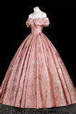 Pink Floral Jacquard Corset Gown, Sweetheart Neck Puffy Sleeve Formal Dress for Party Prom HZ0429