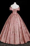 Pink Floral Jacquard Corset Gown, Sweetheart Neck Puffy Sleeve Formal Dress for Party Prom HZ0429