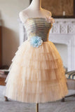 A-Line Tulle Pearls Short Prom Dress, Lovely Strapless Evening Party Dress HZ0429
