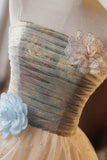A-Line Tulle Pearls Short Prom Dress, Lovely Strapless Evening Party Dress HZ0429