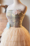 A-Line Tulle Pearls Short Prom Dress, Lovely Strapless Evening Party Dress HZ0429