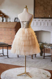 A-Line Tulle Pearls Short Prom Dress, Lovely Strapless Evening Party Dress HZ0429