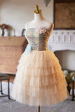 A-Line Tulle Pearls Short Prom Dress, Lovely Strapless Evening Party Dress HZ0429