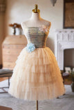 A-Line Tulle Pearls Short Prom Dress, Lovely Strapless Evening Party Dress HZ0429