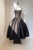 Black Spaghetti Strap Tulle Tea Length Prom Dress, Black A-Line Party Dress HZ0429