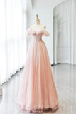 Pink Tulle Lace Long Prom Dress with Corset, Off the Shoulder Evening Dress HZ0429