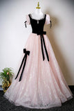 Black Velvet and Pink Tulle Long Prom Dress, Lovely A-Line Short Sleeve Evening Dress HZ0429