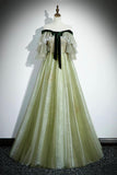 Green Tulle Sequins Long Prom Dress, Lovely Off the Shoulder Party Dress HZ0429