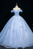 Beautiful Blue Tulle Lace Long Prom Dress, A-Line Off the Shoulder Party Dress HZ0429