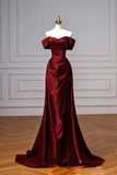 Burgundy Satin Long Prom Dress, Elegant Off the Shoulder Party Dress HZ0429