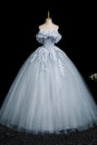 Gray Blue Tulle Flowers Long Prom Dress, A-Line Off the Shoulder Party Dress HZ0429