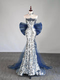 Mermaid Sequins Long Prom Dress, Sliver Off the Shoulder Party Evening Dress HZ0429