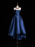 Dark Blue Satin Hight Low Prom Dress, Lovely A-Line Strapless Party Dress HZ0429