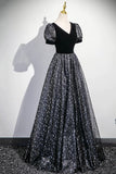 Black Velvet Tulle Long Prom Dress, A-Line Short Sleeve Evening Party Dress HZ0429