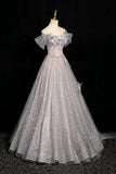 Gray Tulle Sequins Long Prom Dress, Gray Off the Shoulder Party Dress HZ0429