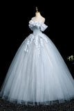 Gray Blue Tulle Flowers Long Prom Dress, A-Line Off the Shoulder Party Dress HZ0429