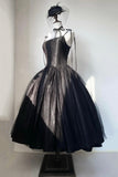 Black Spaghetti Strap Tulle Tea Length Prom Dress, Black A-Line Party Dress HZ0429