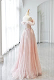 Pink Tulle Lace Long Prom Dress with Corset, Off the Shoulder Evening Dress HZ0429