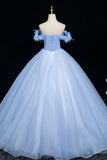Beautiful Blue Tulle Lace Long Prom Dress, A-Line Off the Shoulder Party Dress HZ0429