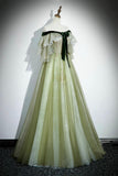 Green Tulle Sequins Long Prom Dress, Lovely Off the Shoulder Party Dress HZ0429