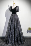 Black Velvet Tulle Long Prom Dress, A-Line Short Sleeve Evening Party Dress HZ0429