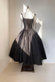 Black Spaghetti Strap Tulle Tea Length Prom Dress, Black A-Line Party Dress HZ0429